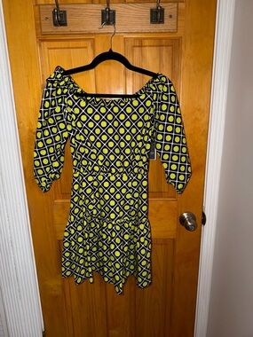Guess Neon Yellow and Black Geometric Mini Dress